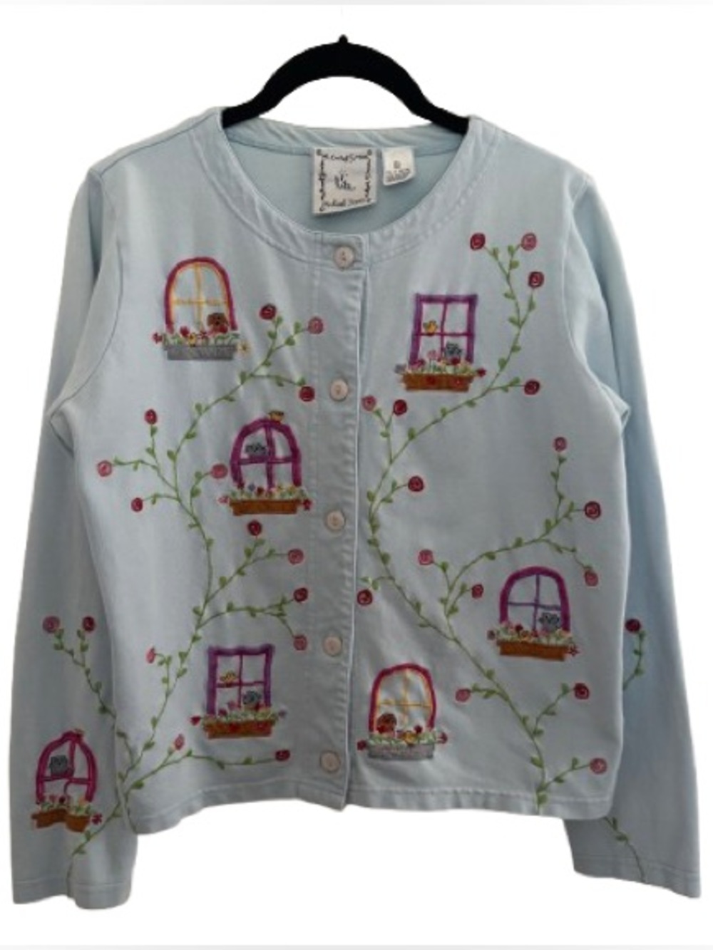 Vintage Michael Simon Lite Blue Novelty Embroidered Cats Dogs Floral Cardigan